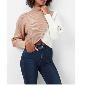 Express color block wrap front mock neck sweater.